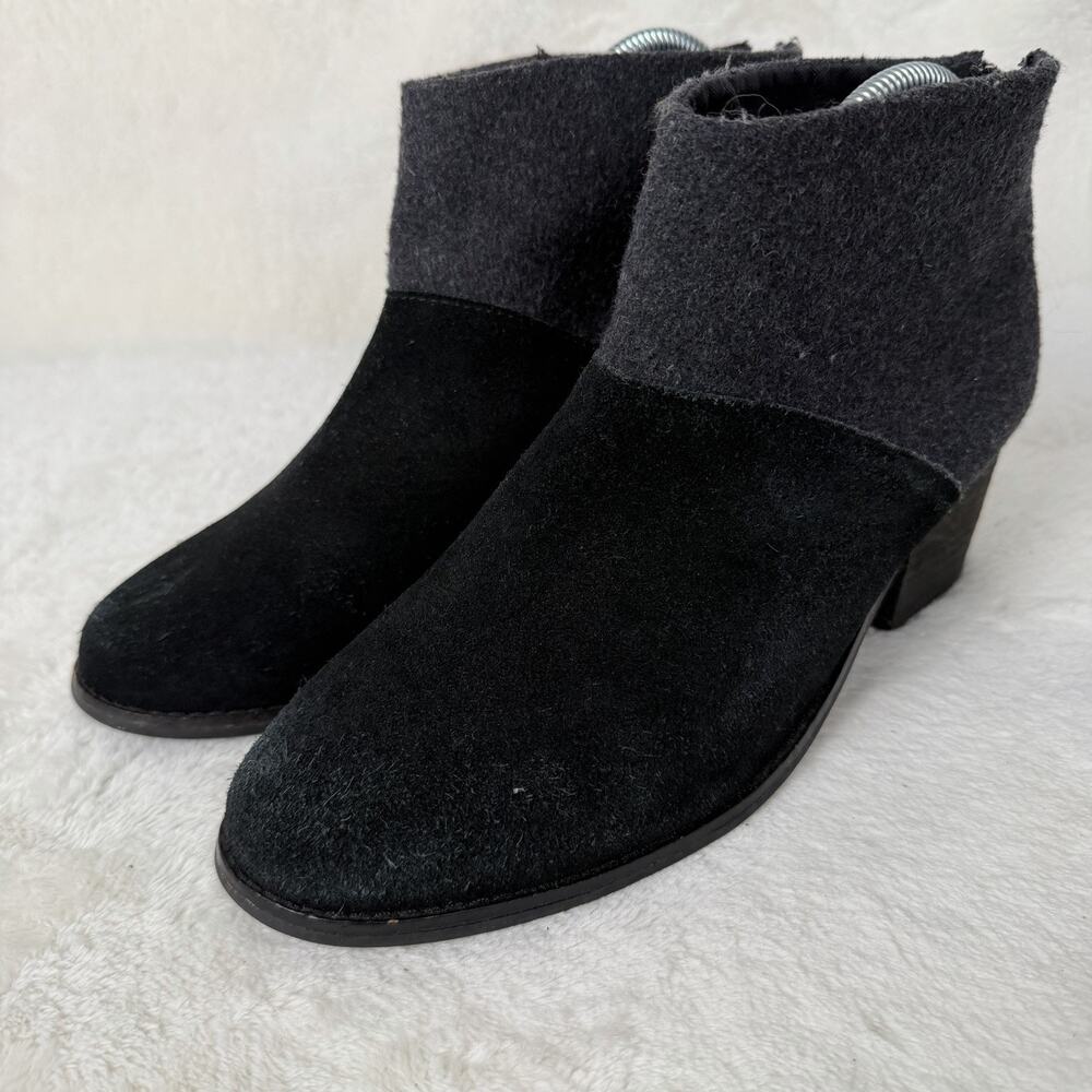 TOMS Women’s Black Suede Wool Felt Ankle Boots Block Heel Back Zip Booties